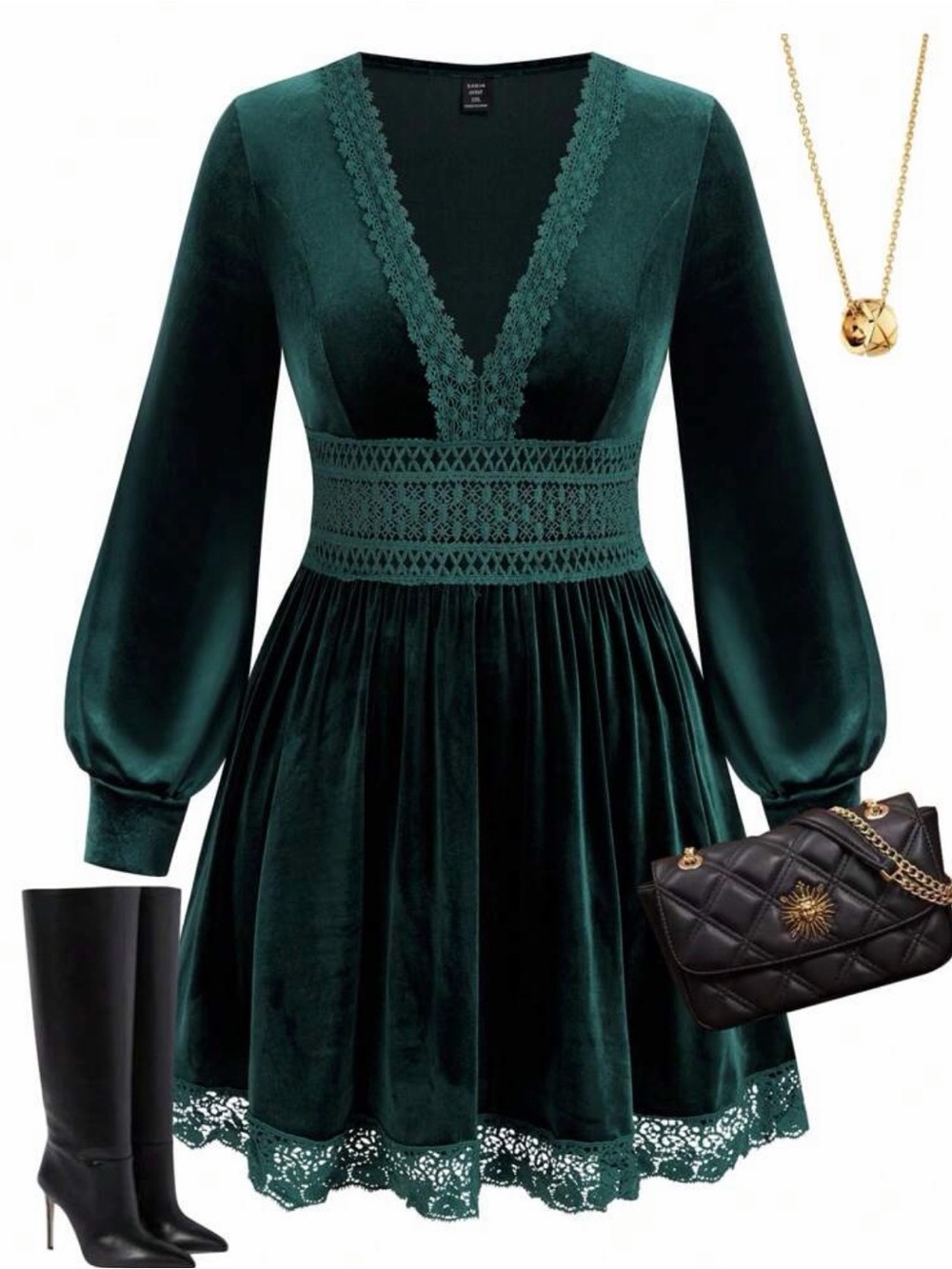 SHEIN Emerald Green Velvet Lace V‑Neck Long Sleeve Dress